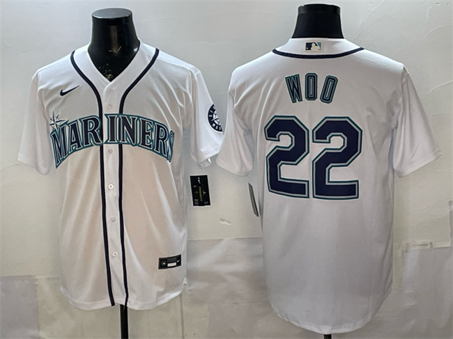 Men's Seattle Mariners #22 Bryan Woo White Cool Base Stitched Baseball Jersey Men's Seattle Mariners #22 Bryan Woo White Cool Base Stitched Baseball Jersey